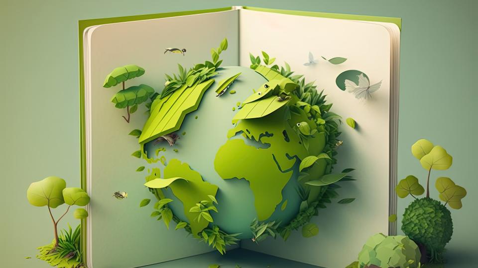 Symbolbild - Buch aufgeklappt mit 3D-Weltkugel, Kontinente und Pflanzen aus grünem Papier, grüner Hintergrund