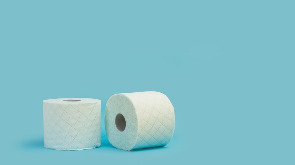 2 Rollen Toilettenpapier vor türkisfarbenem Hintergrund