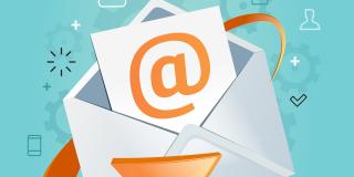 Symbolbild für eine Kontaktseite: Aufgeklappter Briefumschlag enthält Blatt mit einem großen @-Zeichen; Pfeil in orange für den Versand plus einige kleine Schmuckelemente; Hintergrund in türkis.