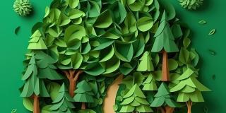 Symbolbild Umweltrichtlinien - Baume aus Papier ausgeschnitten, Weg in der Mitte, grüner Hintergrund